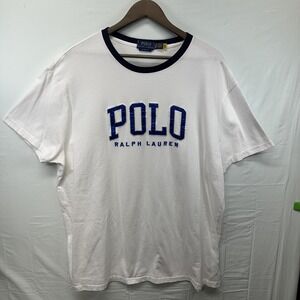Polo Ralph Lauren Mens XXL White Ringer T-Shirt Blue Embroidered Logo Cl Fit
